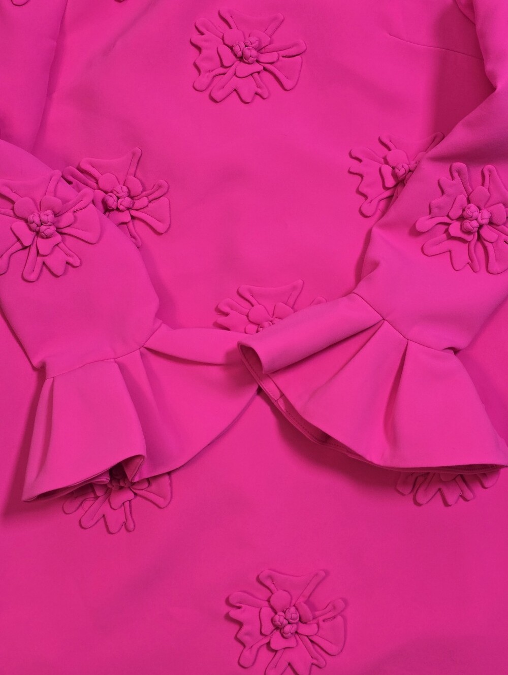 Hot Pink 3D Floral Applique Turtleneck A-line Shift Dress Bell Sleeves Sz.S - Picture 10 of 16